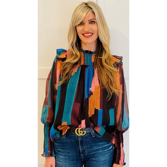 Willa Story Multi Color Ruffle Smocked Cates Blouse - Picture 1 of 7